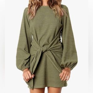 Army green long sleeved short dress with tie-front